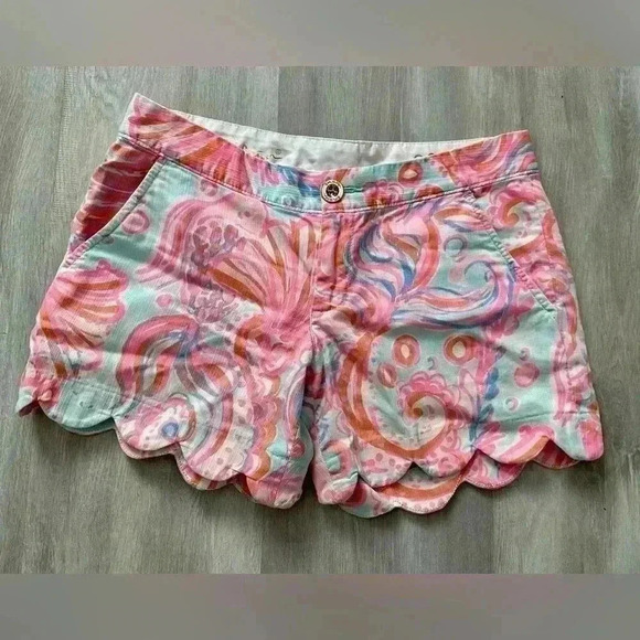 74. Lilly Pulitzer Sz 00 Pink Pout Too Much Bubbly Buttercup Scallop Shorts - Picture 1 of 8